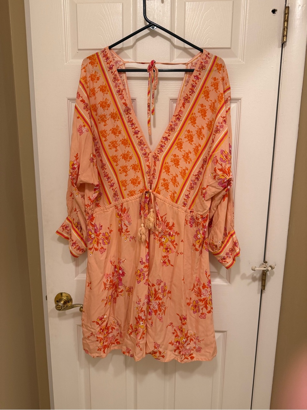 Peach Floral V-Neck Midi Dress with Tie Waist